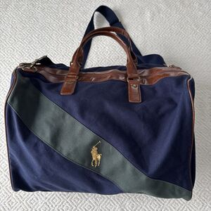 VTG Polo Ralph Lauren Duffle Bag Blue Green Canvas Overnight Carryon Travel Bag